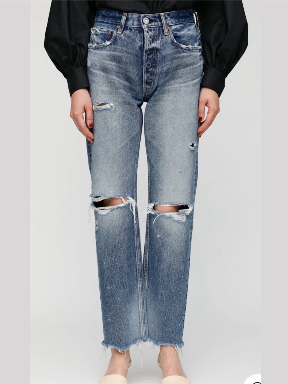 MOUSSY MV Odessa Wide Straight Distressed Jeans in Dark Blue Size 30